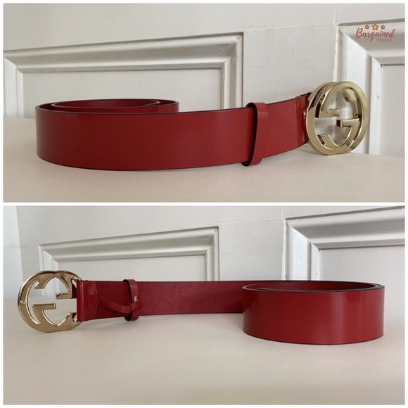 Authentic GUCCI Red Glossy Leather Gold Interlocking G Buckle Belt 80/32 - Picture 10 of 13